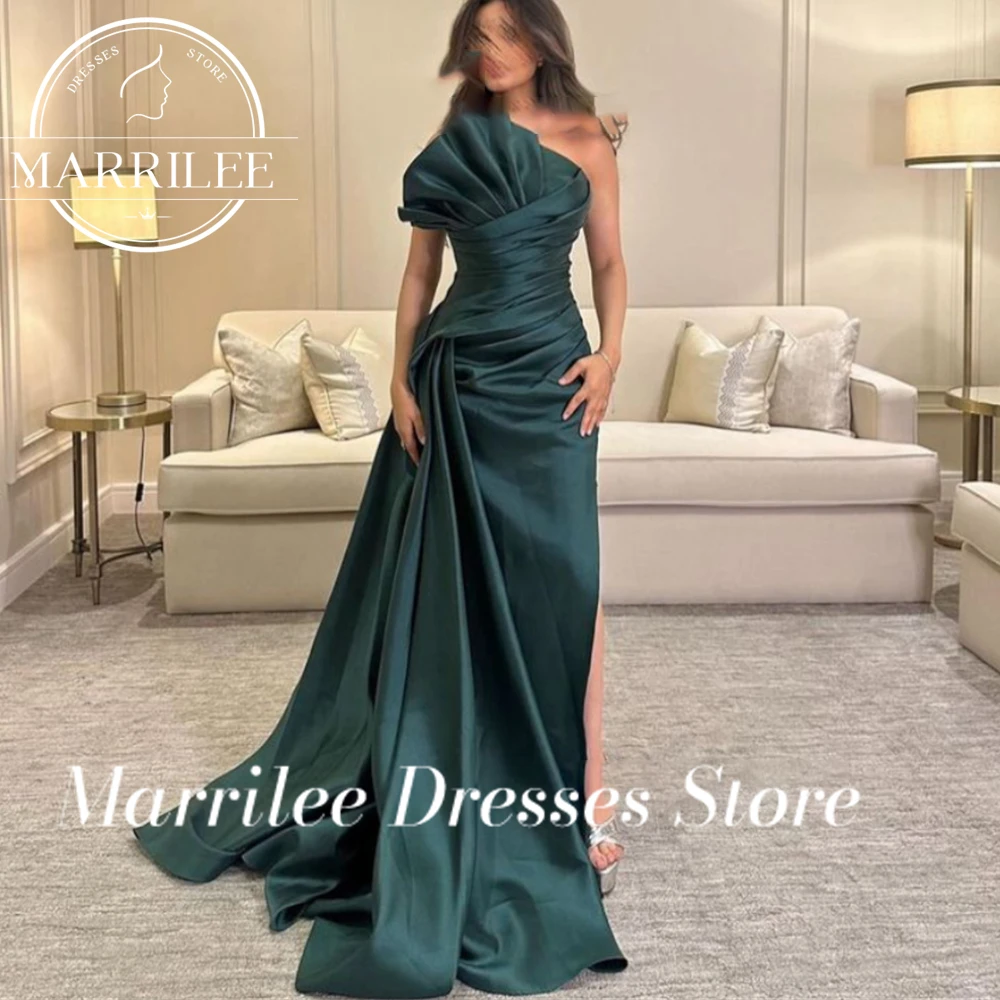 Marrilee Customized Green Pleated Strapless Mermaid Prom Gowns Charming Sleeveless Floor Length High Side Slit Evening Dresses