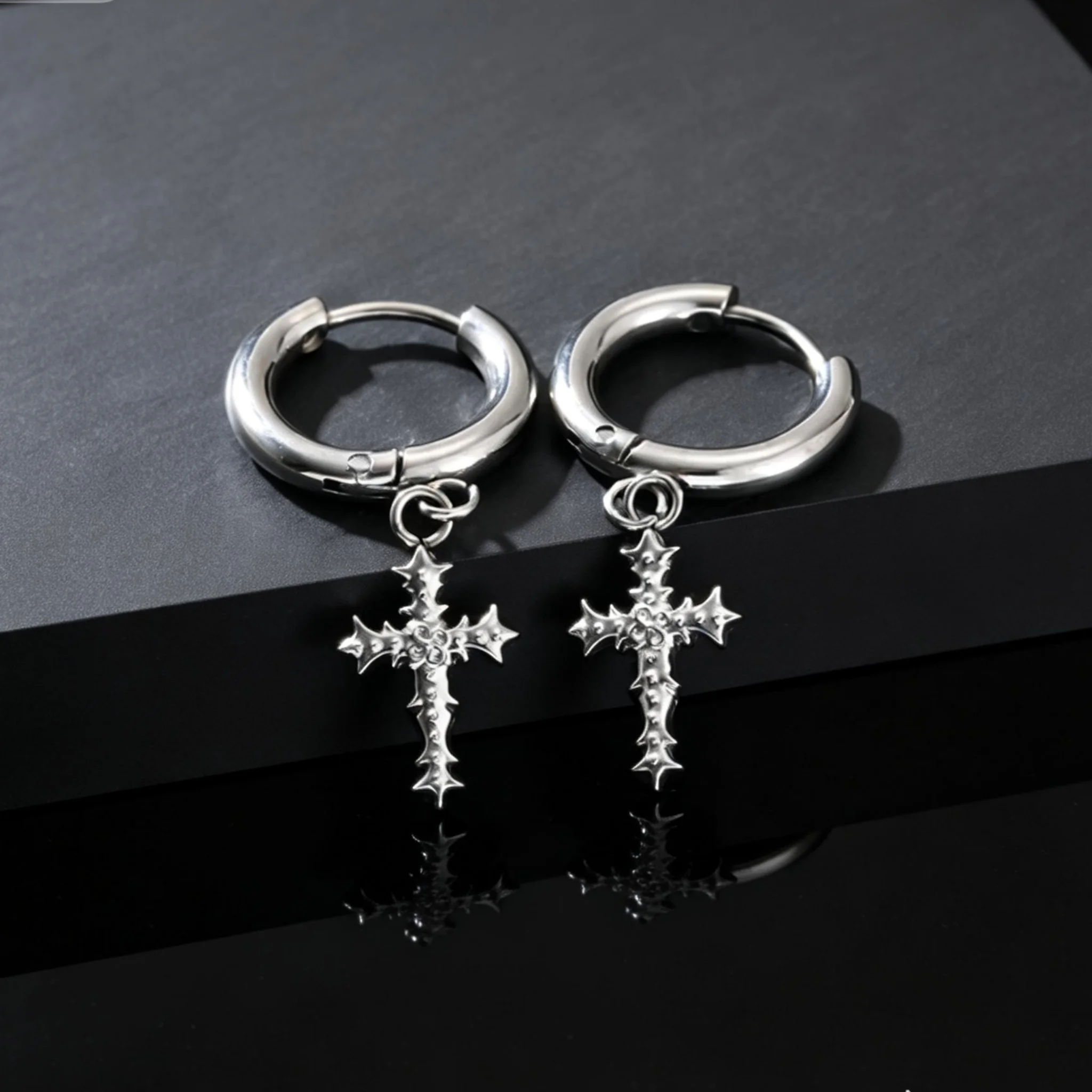 

Punk Gothic Thorn Cross Pendant Hoop Earrings, Cool Hip Hop Stainless Steel Drop Earrings, Fashion Daily Party Jewelry for Men