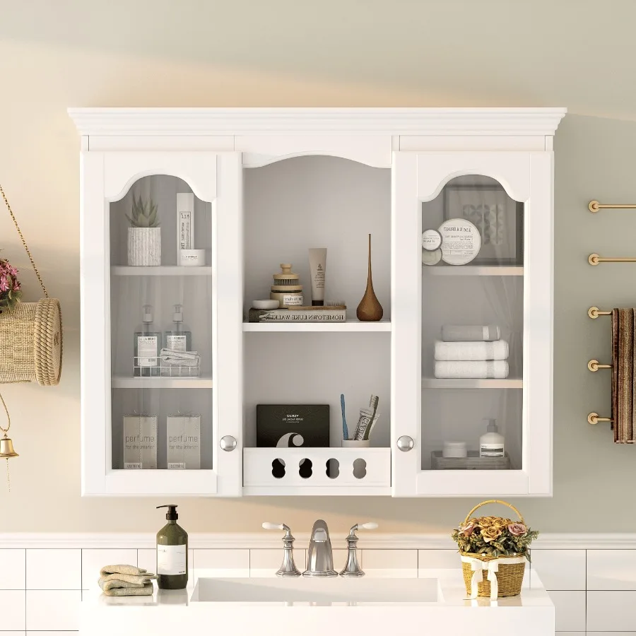 

Wall Mounted Medicine Cabinet Bathroom Wall Cabinet with 2 Glass Doors Over The Toilet Space Saver Storage Cabinet with Ample S