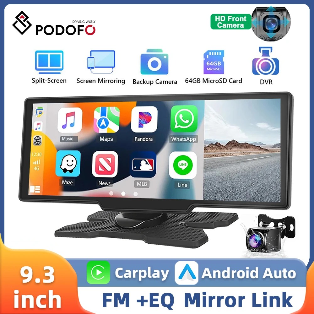 Podofo 9.3''/10.26'' Car Monitor Dash Rear View Camera Smart Screen Player Carplay Android Auto Car DVR Dashboard GPS Navigation