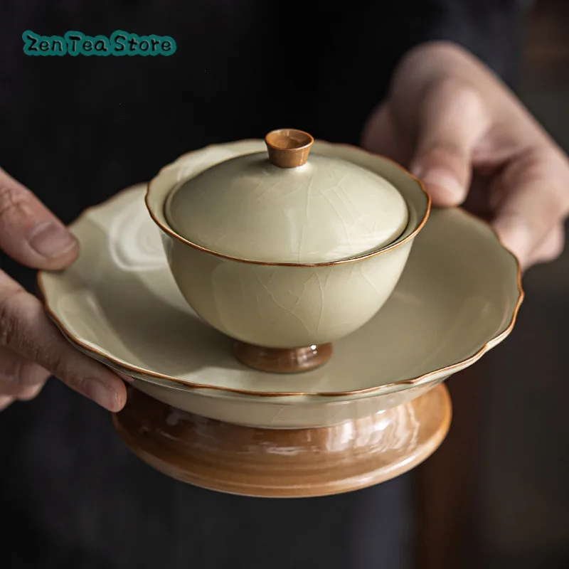 Cream-yellow Ru Kiln Tea Cover Bowl High Foot Single Ceramic Home Open Piece Ice Crack Zen Dry Foam Lotus Pot Bearing Tea Set