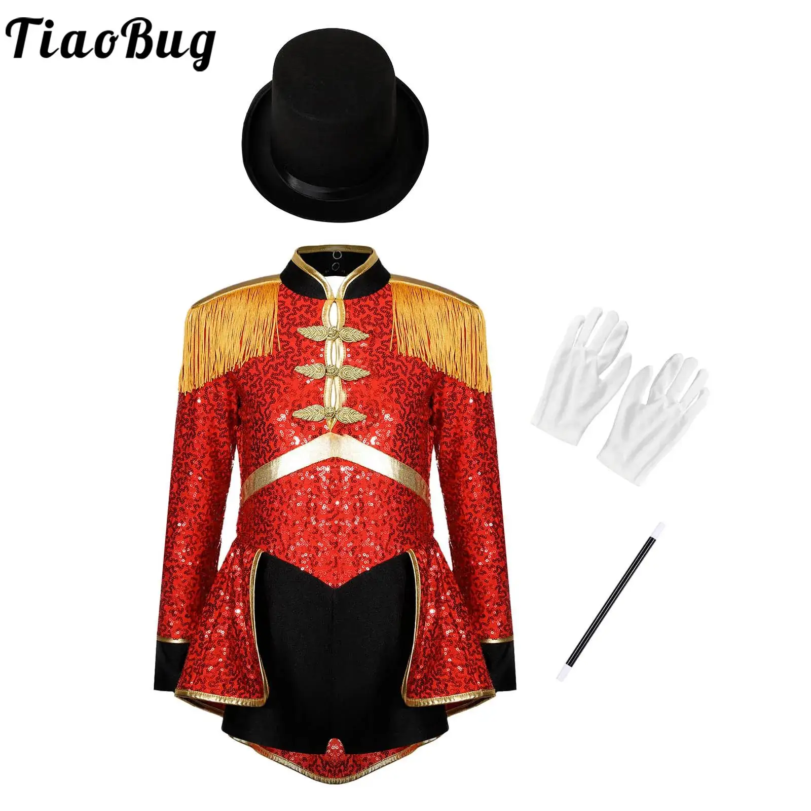 

Kids Girls Halloween Circus Ringmaster Costume Carnival Party Drum Band Magician Cosplay Sequins Bodysuit with Hat Gloves Wand