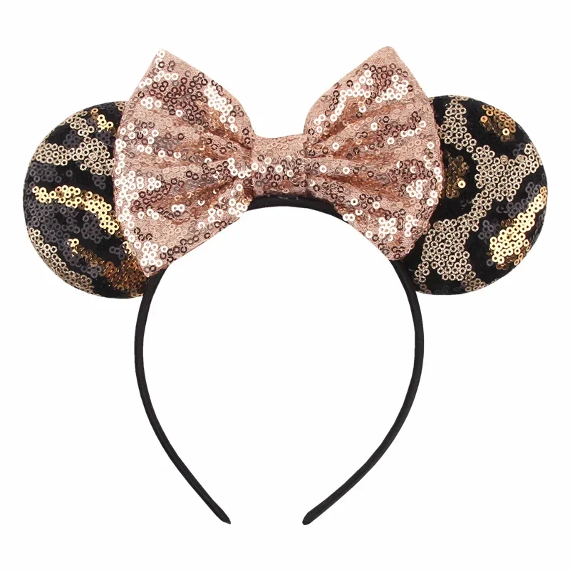 Diadema con estampado de leopardo de Disney para adultos y mujeres, diadema con orejas de Mickey Mouse, lazo de lentejuelas, accesorios para el