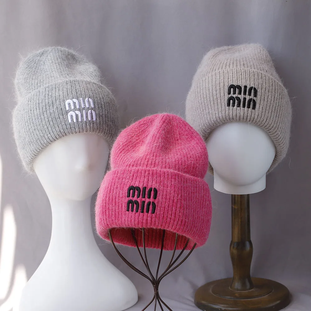 new Hot Selling Real Rabbit Fur Winter Hats with letter For Women Fashion Warm Beanie Hats Women Solid Adult Cover Head Cap