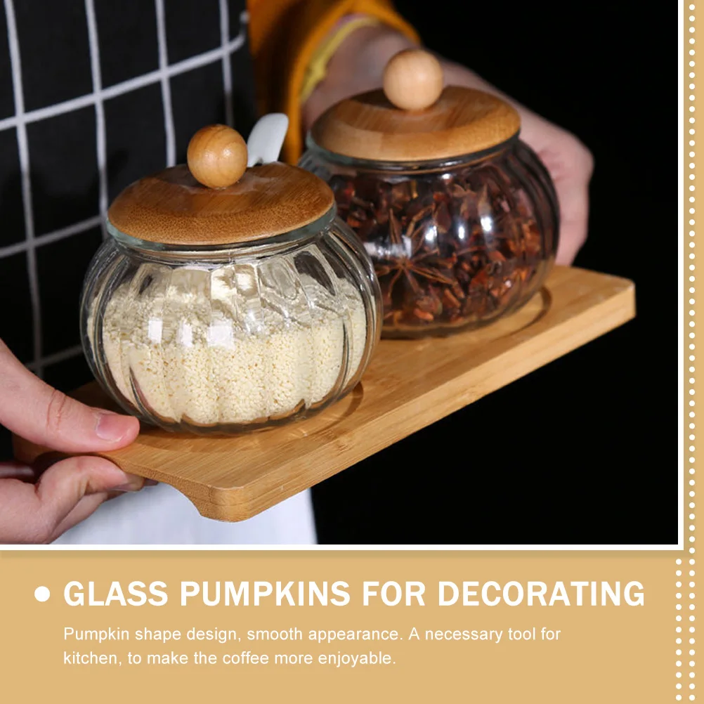 

1 set Pumpkin Seasoning Bottle Glass Spice Jar Clear Sugar Container with Spoon Bamboo Lid for Kitchen Condiment Storage