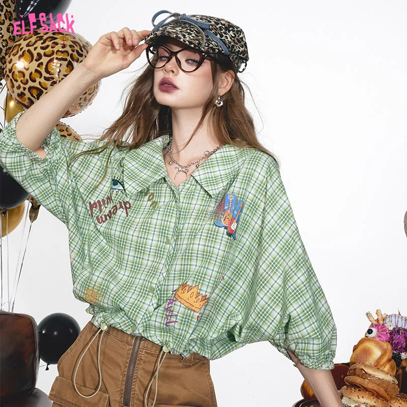 2024 Summer ELFSACK New Arrivals Green plaid sweet retro lantern sleeves printed niche loose plaid shirt for women