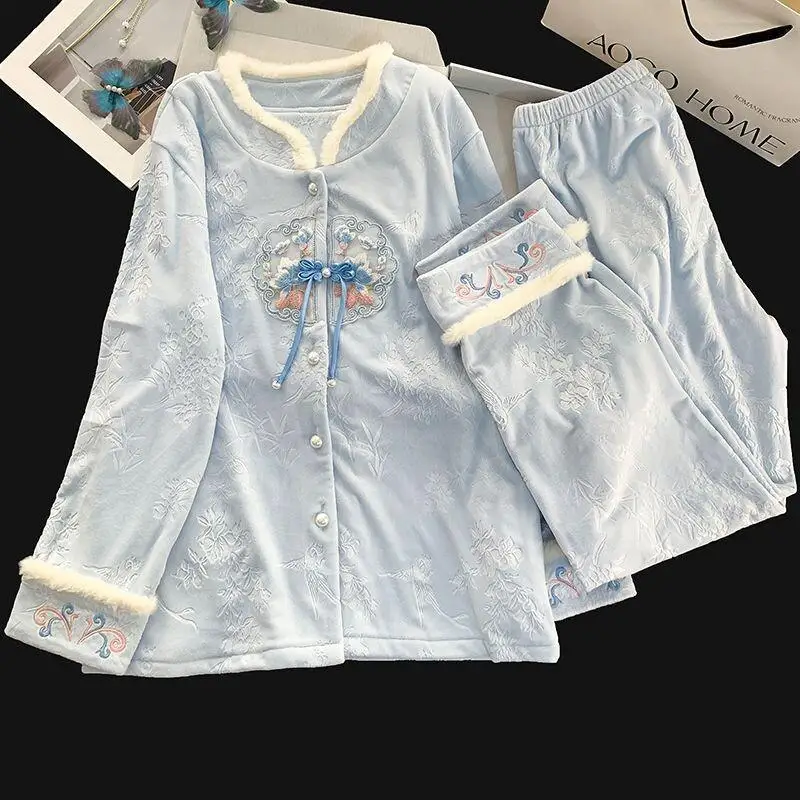 

Classic Literature and Art Pajamas for Women Autumn Winter Long Sleeve 2025 New Chinese Style Thickened Wearable Homewear Set