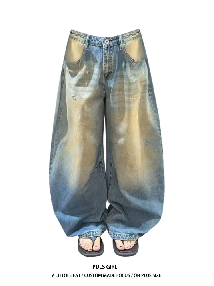 

Retro American Large Size Jeans Women High Waist Loose Wide Leg Long Pants Casual Straight Mud Dye Washed Knife