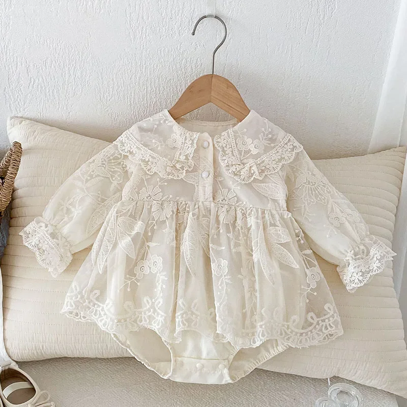 2024 New Autumn Newborn Baby Girls Bodysuits Long Sleeved Cotton Lace Splicing Infant Baby Girls Jumpsuit 0-24M Children Clothes