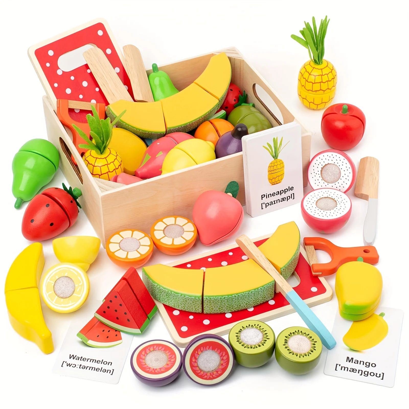 Wooden Play Food Set Kitchen Fruit Cutting Toys for Kids Early Education Montessori Toddlers Toys Pretend Play Food Toys