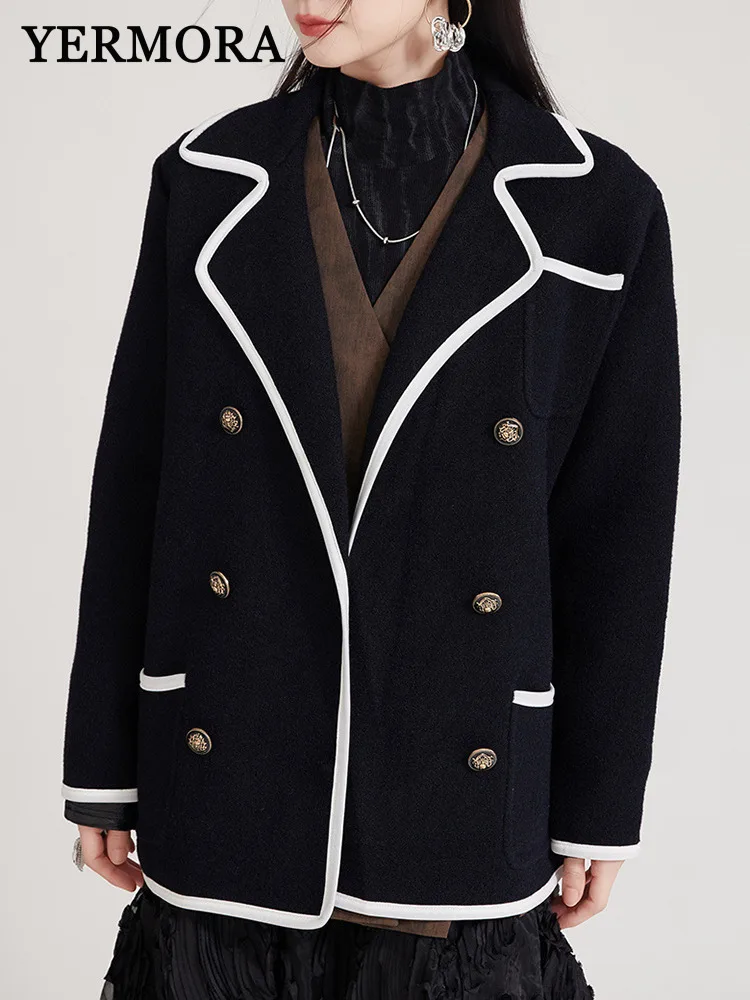 

YERMORA Black Patchwork Button Pocket Casual Jacket For Women Lapel Long Sleeve Loose New Coat Fashion Tide Spring Autumn 2025