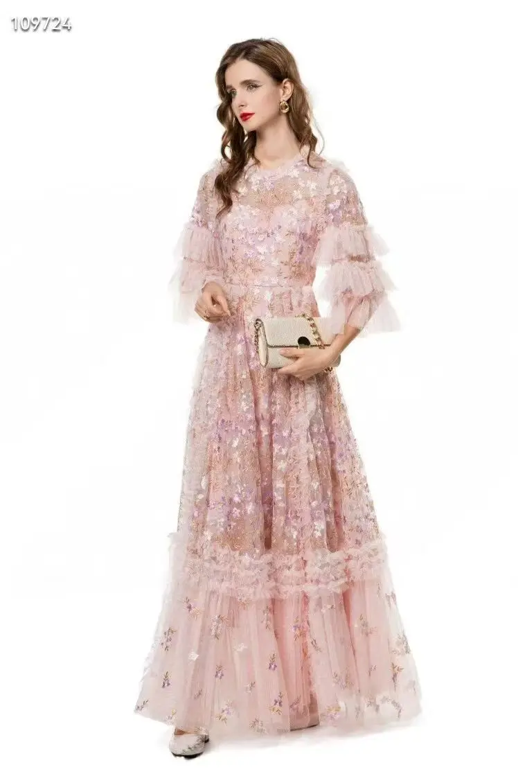 Outono novo o-pescoço estilo de fadas requintado folha de lótus borda emenda em camadas pétala manga cintura alta bordado vestido longo feminino