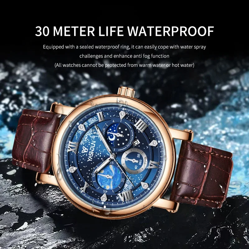 Men's Top Brand Men's Watch Moon Phase Quartz Wristwatch Chronograph Waterproof Starry Sky Luminous Dial Watch for Man Male