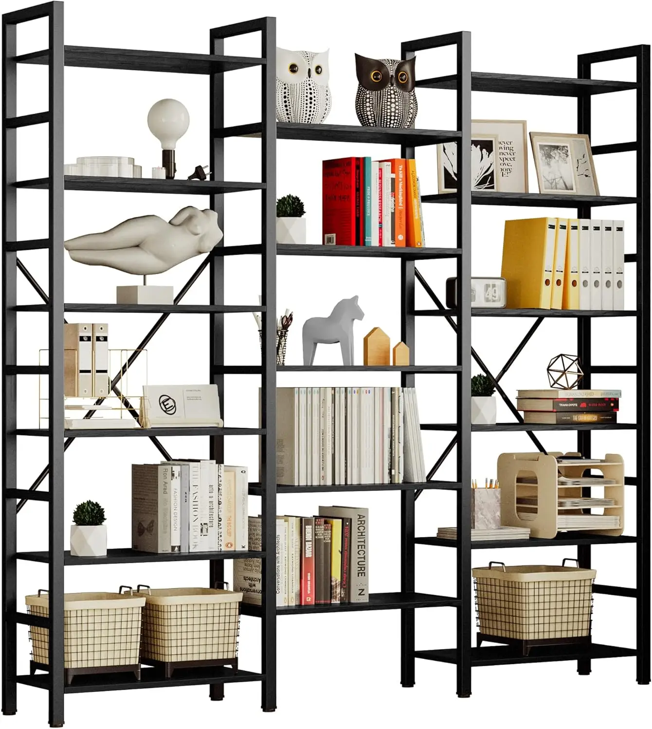 Bookshelves 6 Tiers Triple Wide Industrial Bookshelf, Large Etagere Bookshelf Open Display Shelves with Metal Frame for Living