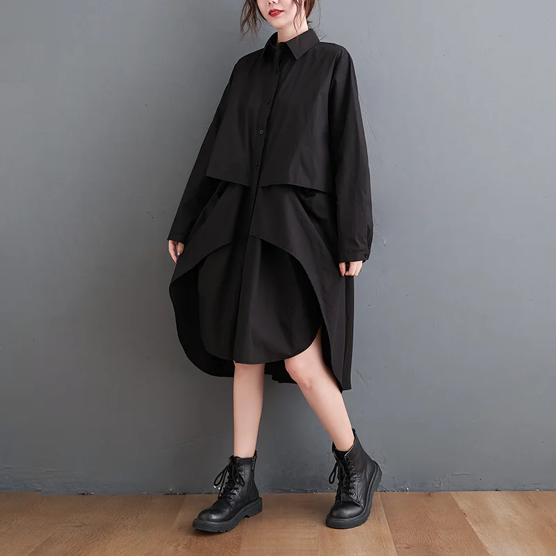 Robe chemise asymétrique à manches longues pour femmes, noire, blanche, décontractée, bouton avant, col polo, sexy, printemps, #4096