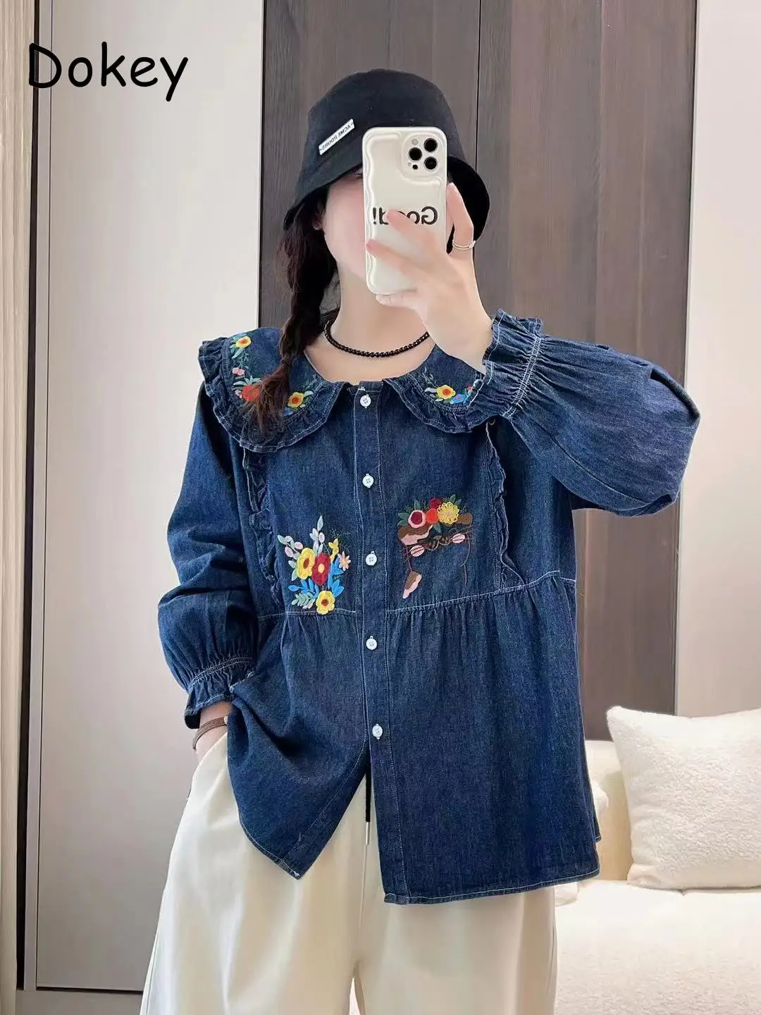 Women Flower Embroidery Blue Denim Kawaii Shirts Japanese Mori Girl Peter Pan Collar Long Sleeve Lolita Blouse Autumn Loose Tops