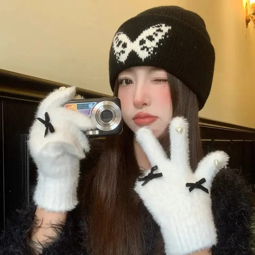 Full Finger Women Bow-knot Warm Gloves Thickened Protection From Cold Warm Riding Gloves Elasticity Windproof