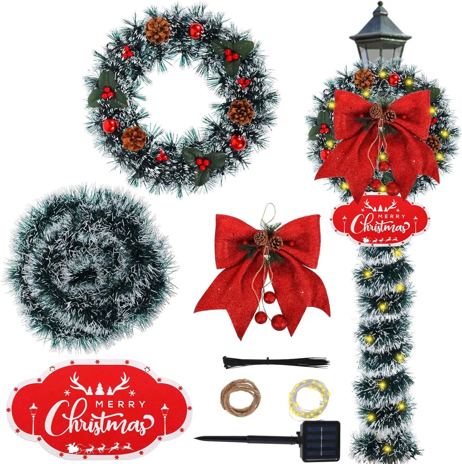 

7 Pcs Christmas Lamp Post Decor Set with Wreath, Red Bow & Solar LED Lights for Outdoor Garden, Patio, Yard