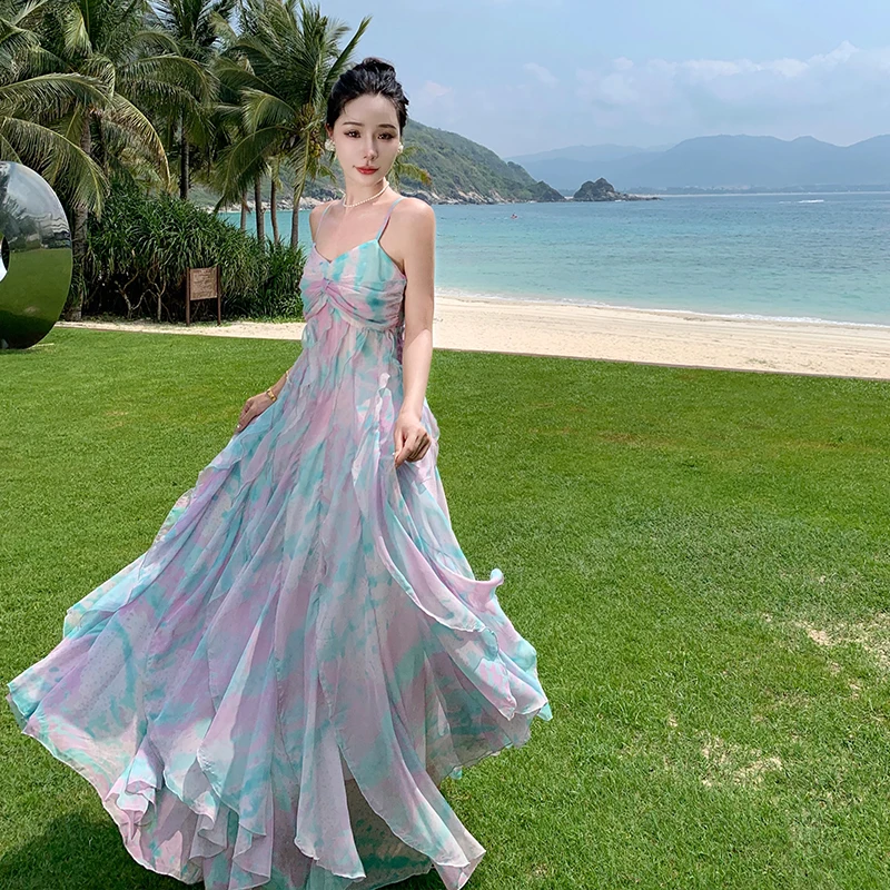 Ladies Sexy Spaghetti Strap Print Long Dress For Women's Beach Vacation Summer Dresses Robe Female Clothing