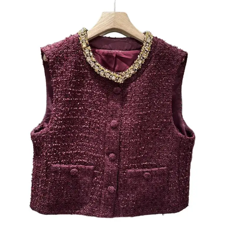 

Красный женский твидовый жилет без рукавов, осенняя новинка, классический элегантный стиль для повседневной носки, универсальный, новый