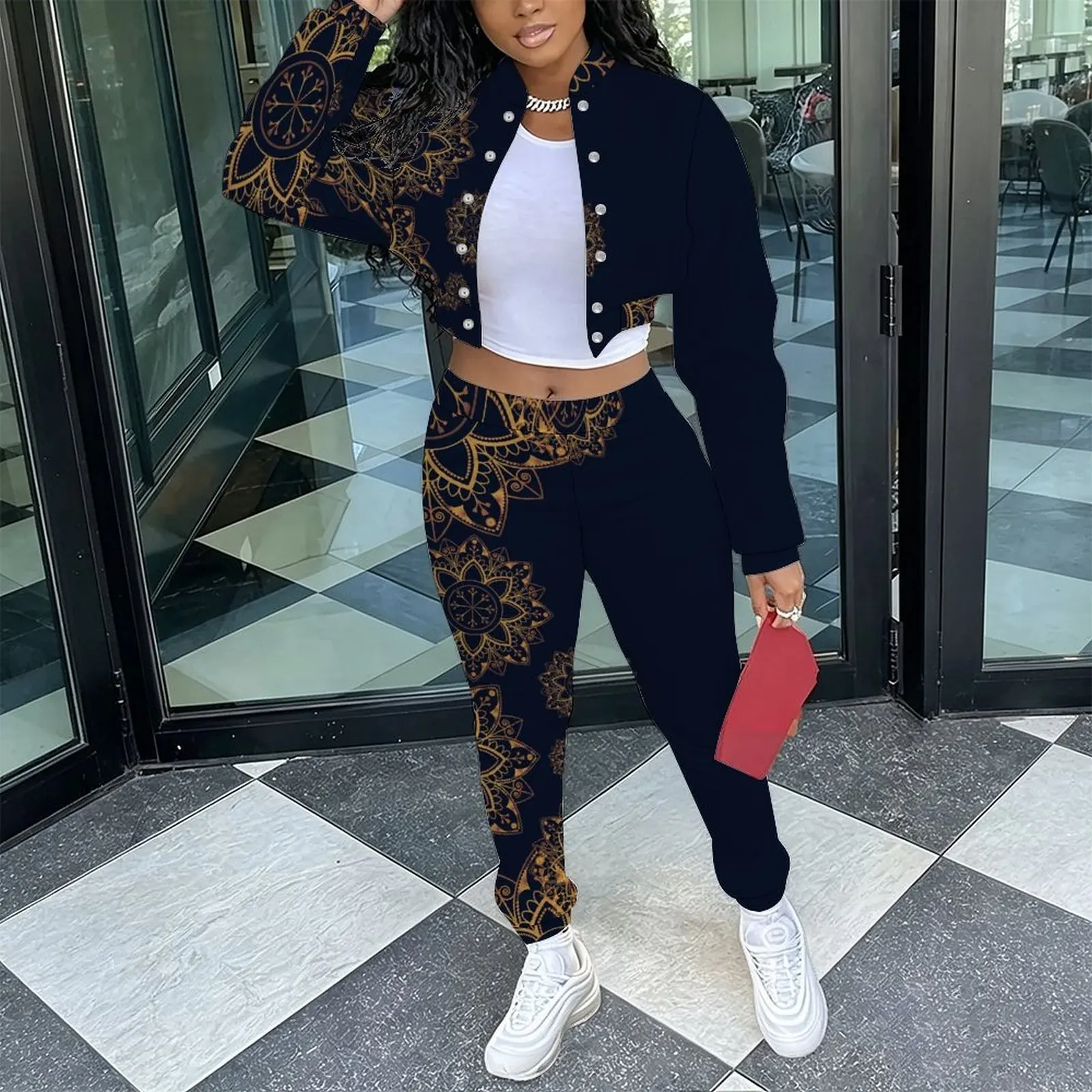 Women's Retro Fashion 2 Piece  Elegant Stand Collar Long Sleeve Jacket Casual Everyday Commuting Sport Pants