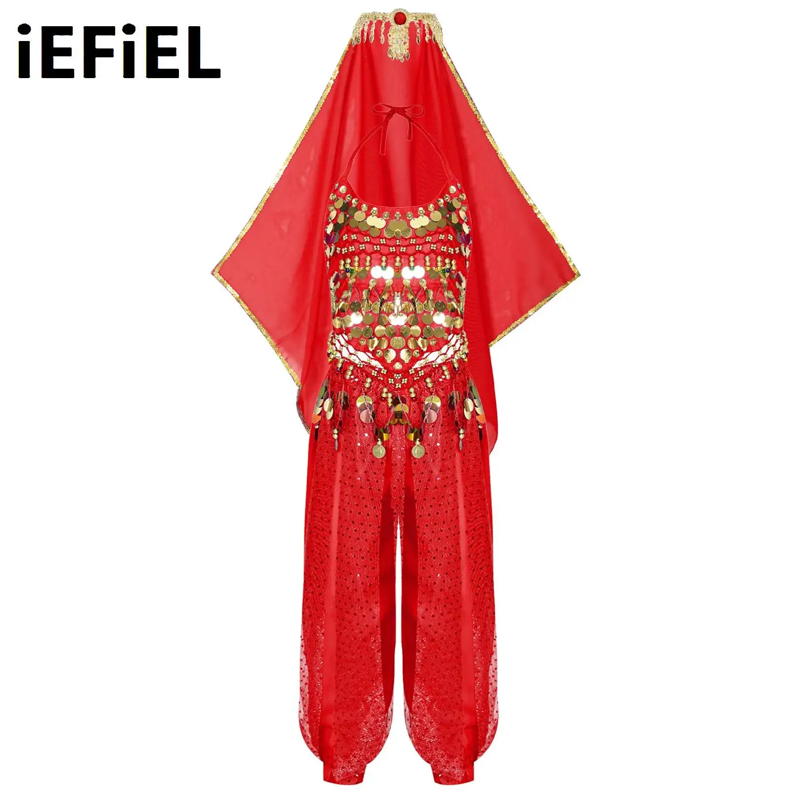 Kids Girls Belly Outfit Halter Self-Tie Irregular Hem Shiny Sequins Tassel Crop Top with Dance Pants Headscarf Headwear