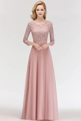 Elegant Three Quarter Sleeve Lace Chiffon Evening Dresses Dusty Pink Wedding Formal Party Prom Gowns Bridesmaid Vestidos De Gala