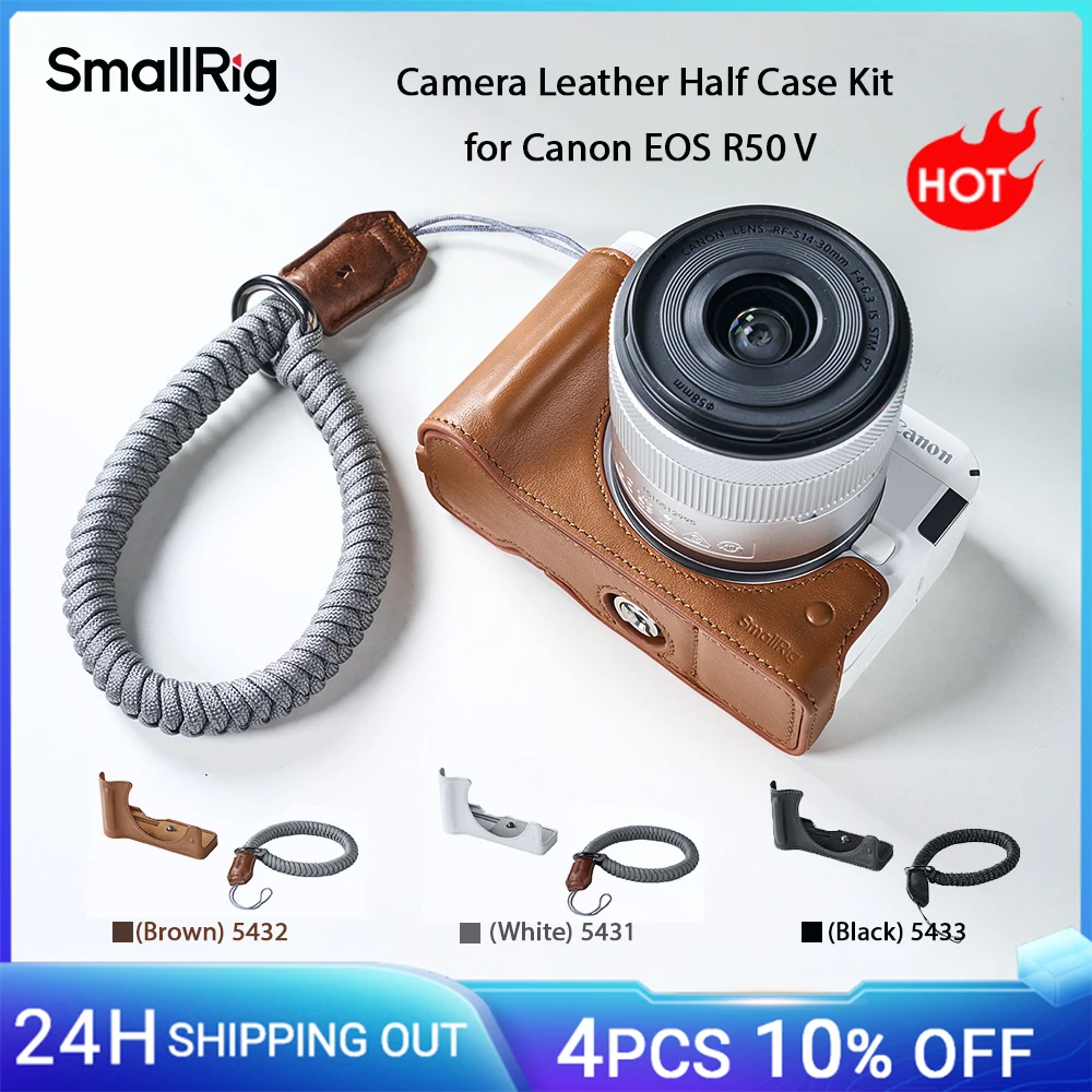 

Кожаный получехол для камеры SmallRig EOS R50 V для Canon EOS R50 V с тканым ремешком на запястье, регулируемая длина, коричневый/черный/белый