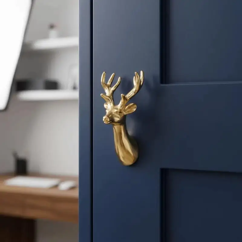 Single Hole Retro Brass Deer Head Cabinet Pull Durable Furniture Hardware Drawer Handle for Home DIY Renovation