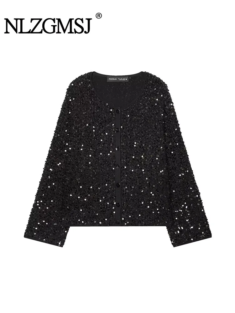 

NLZGMSJ Autumn Sequins Women Loose Jacket Long Sleeve Single-breasted Bomber Jacket Female Coat Outerwear Y2K ﻿
