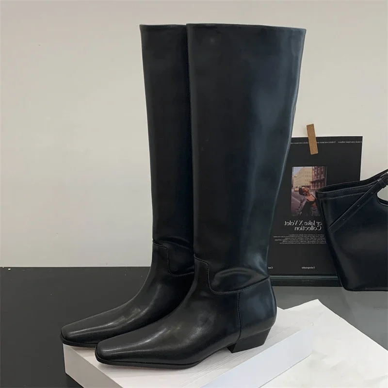 

Aneikeh Fashion Square Low Heels PU Leather Women's Knee-High Boots Party Dress Ladies Shoes Autumn Winter