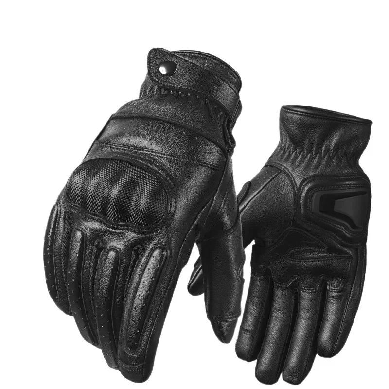 Men Sheepskin Motorcycle Gloves Hard Shell Anti Collision Breathable Touch Screen Full Finger Riding Training Gear Black