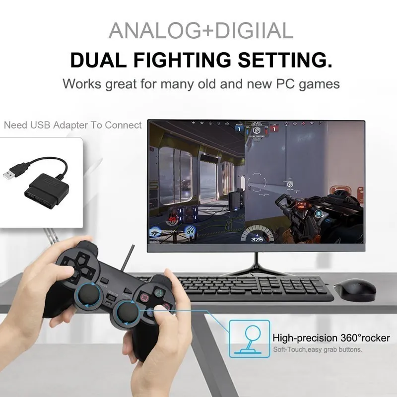 لوحة ألعاب سلكية لوحدة تحكم Sony PS2 لعصا التحكم للبلاي ستيشن 2 اهتزاز صدمة Joypad ملحقات وحدة تحكم USB سلكية للكمبيوتر الشخصي