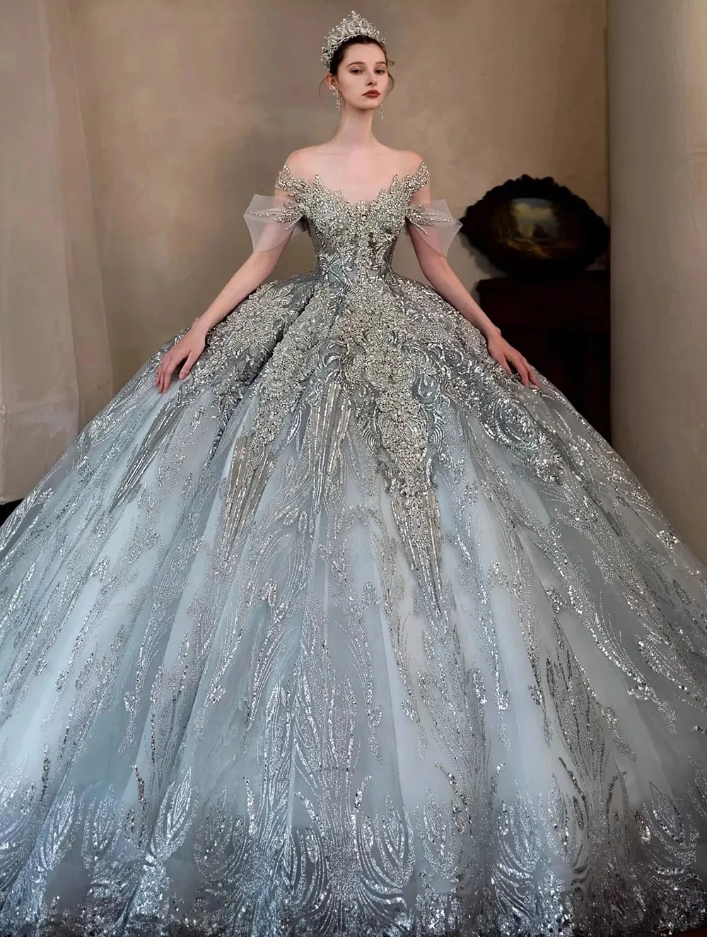 

Luxury Sparkling Wedding Dress Ball Gowns Rhinestone Sequin Off The Shoulder Bridal Gowns vestidos novias boda Customized