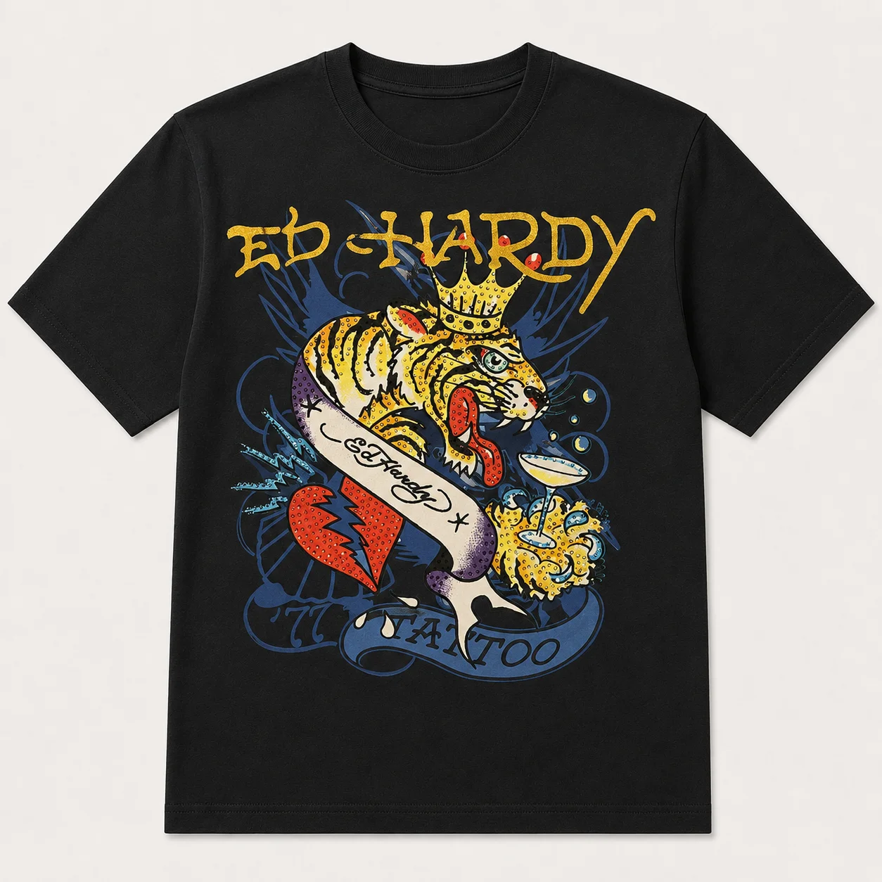 Y2K Harajuku Streetwear Rundhals-T-Shirt mit Gold-Gothic-Schrift und Kronen-Tiger-Tattoo-Banner-Druck, atmungsaktives Baumwoll-Oberteil für Männer und Frauen – Detail 4