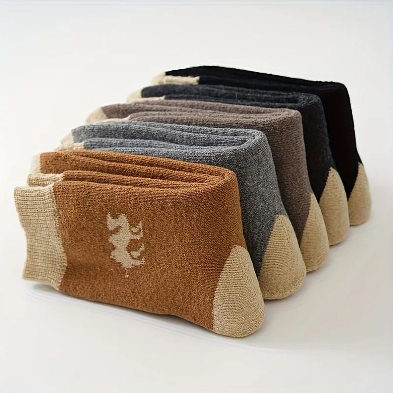 5Pairs Winter Warm Wool Crew Socks Men Camel Print Against Cold Snow Terry Sock Soft Cozy Plush Lined Women's Sock Casual Gift