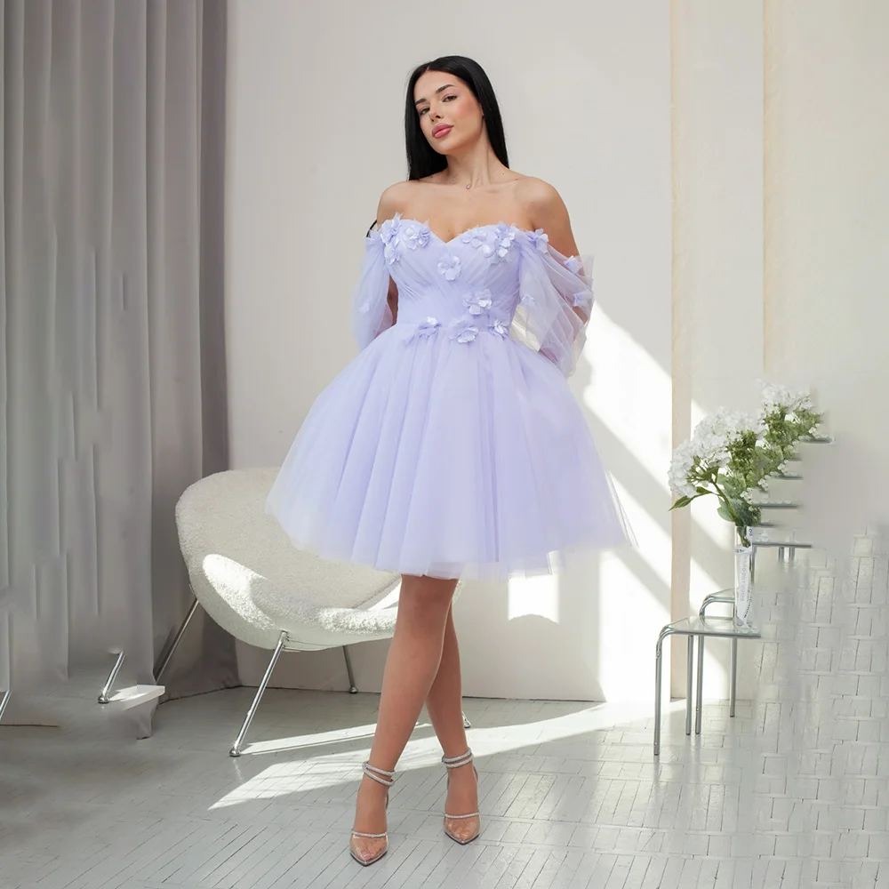 Radiant Off the Shoulder Tulle Beaded Flower Accents Short Prom Dress Backless A-line Puffy Cocktail Dresses for Women