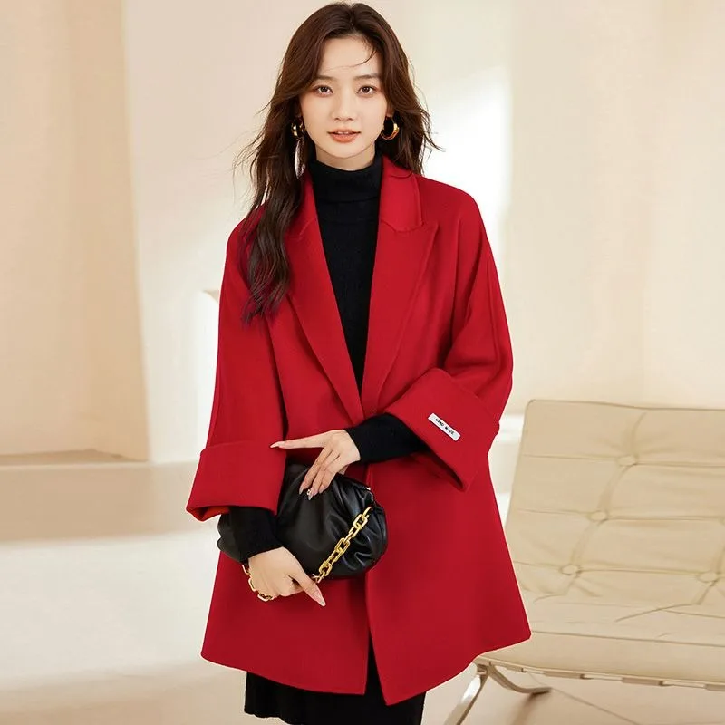 

High-End Women Reversible Woolen Coat Loose Casual Solid Color Outcoat Graceful Fashion Lace-up Mid-Length Female Wool Outwear