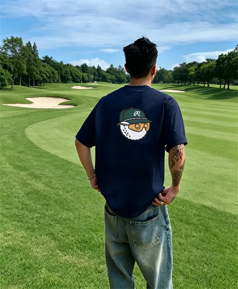 Herren Marineblau Streetwear Golf T-Shirt mit Golf-Bekleidung Golfball & Kappe Grafik