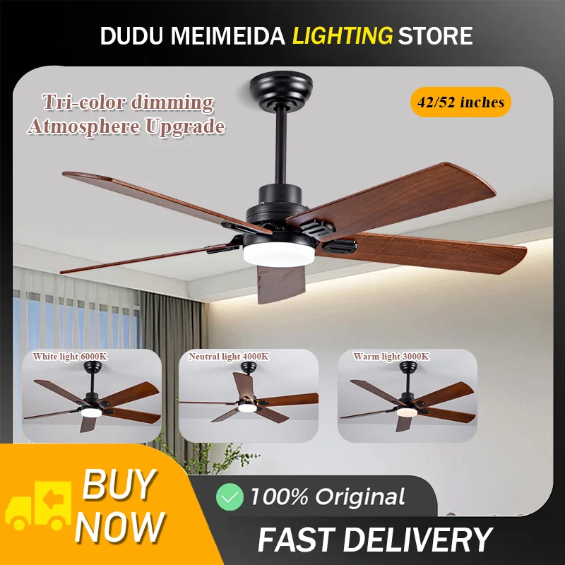 42 52 Inch Solid Wood Retro Ceiling Fan Light, Dining Room Living Room Ceiling Fan Integrated Light, 6-Speed Variable Frequency