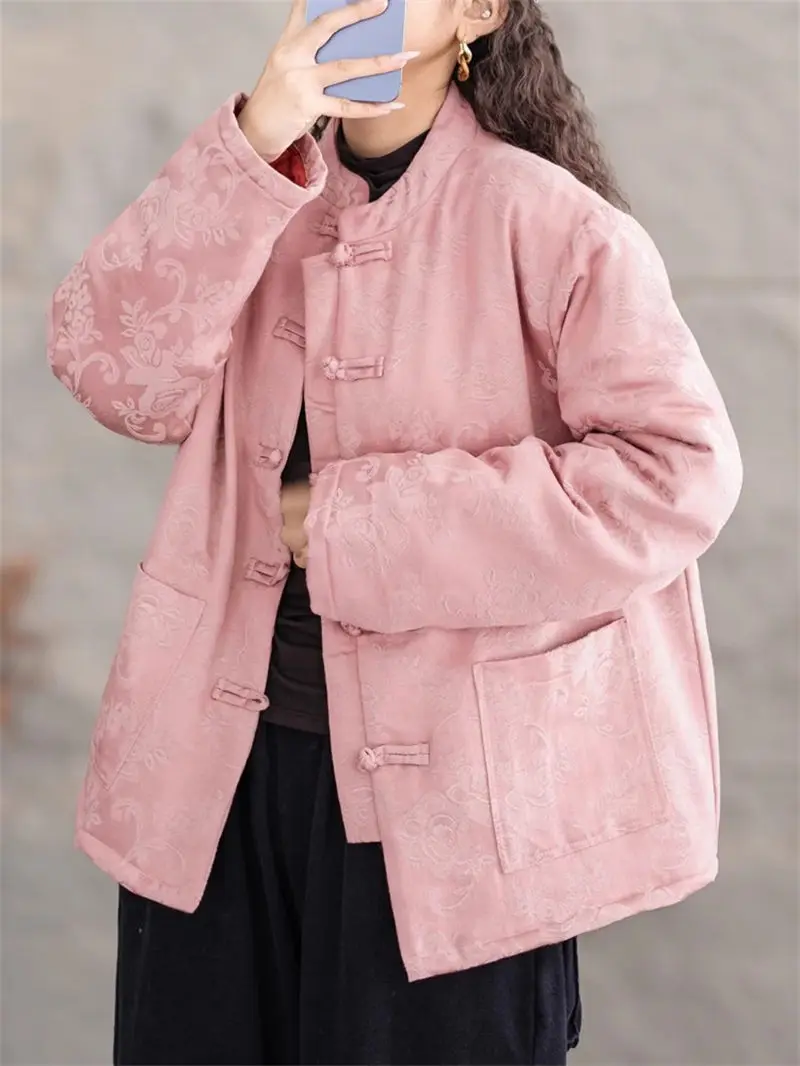 Winter New Cotton Clothing Women's Chinese Style Bucklk Jacquard Retro Thick Fashion Coat Loose Stand Collar Quilted Jacket A544