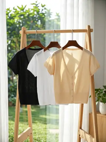 Outerwear Jerseys Summer Cardigan Women Cropped Blouses Korean Fashion Style Cute V-neck Women's Coat Black Bolero Woman Basic