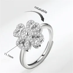 Rotatable Crystal Clover Flower Ring For Women Jewelry Adjustable Fashion 925 Sterling Silver Ring Female Wedding Accessories