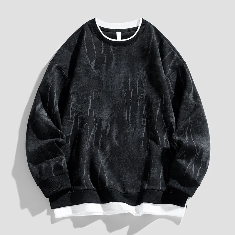 Korean Fashion Men's Streetwear Round Neck Long Sleeved Pullover 2026 Autumn New Item Irregular Print Fake Two-piece Sweatshirt