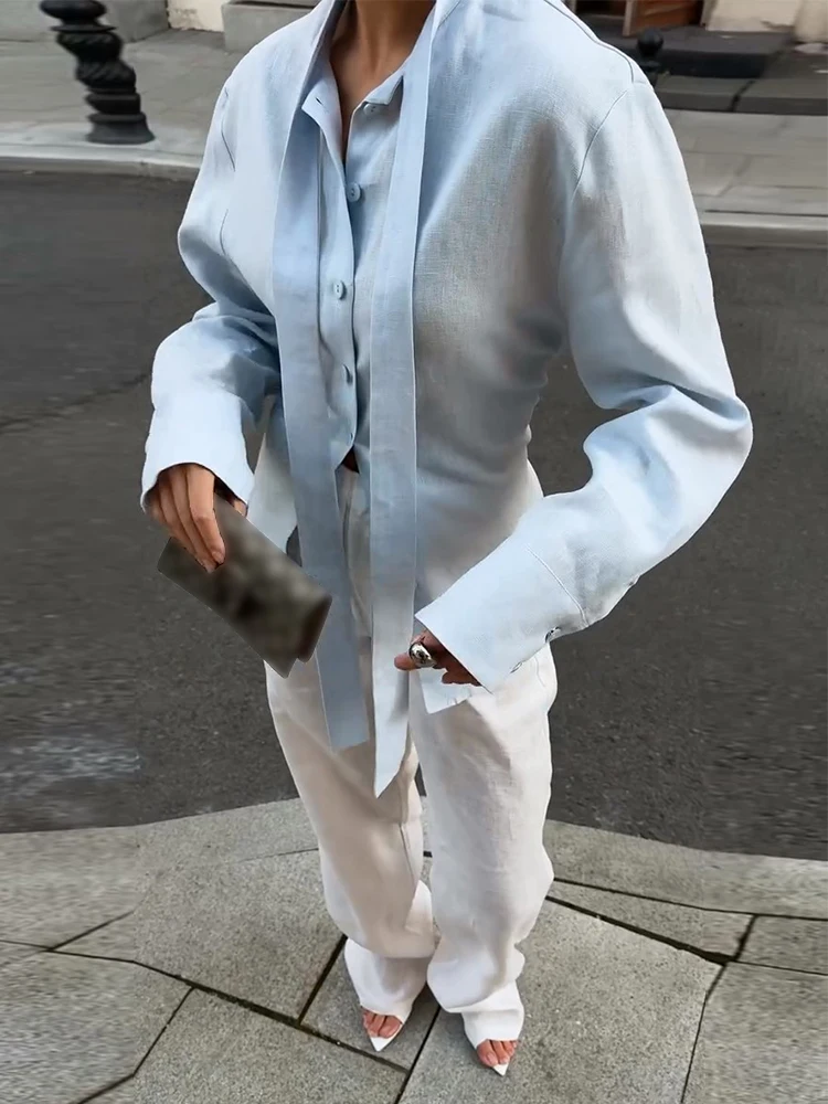 

Элегантная женская бандажная синяя рубашка с длинным рукавом на шнуровке, однобортные тонкие блузки, женская осенняя женская верхняя одежда 2023 г.