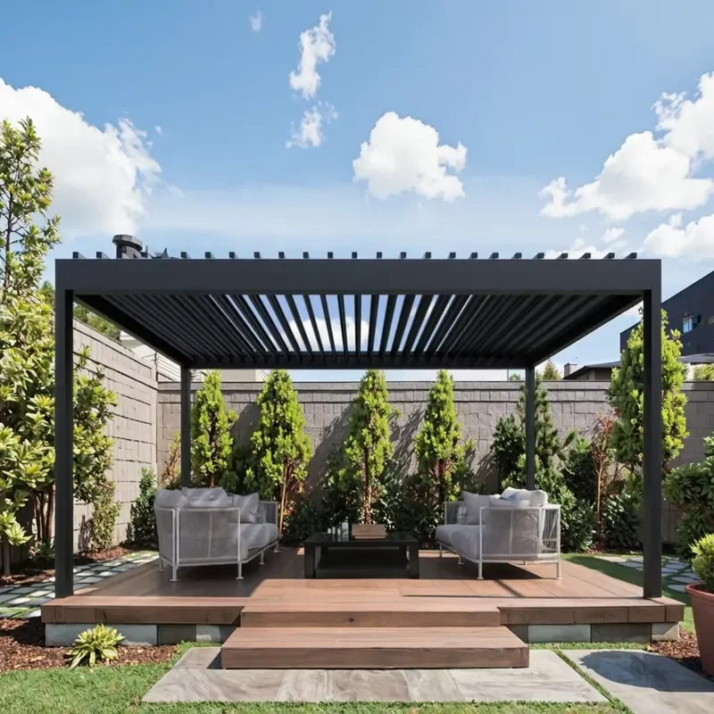 Amas Waterproof Eco-Friendly Bioclimatic Aluminum Pergola with Electric Motor for Balcony and Patio White UV Protection