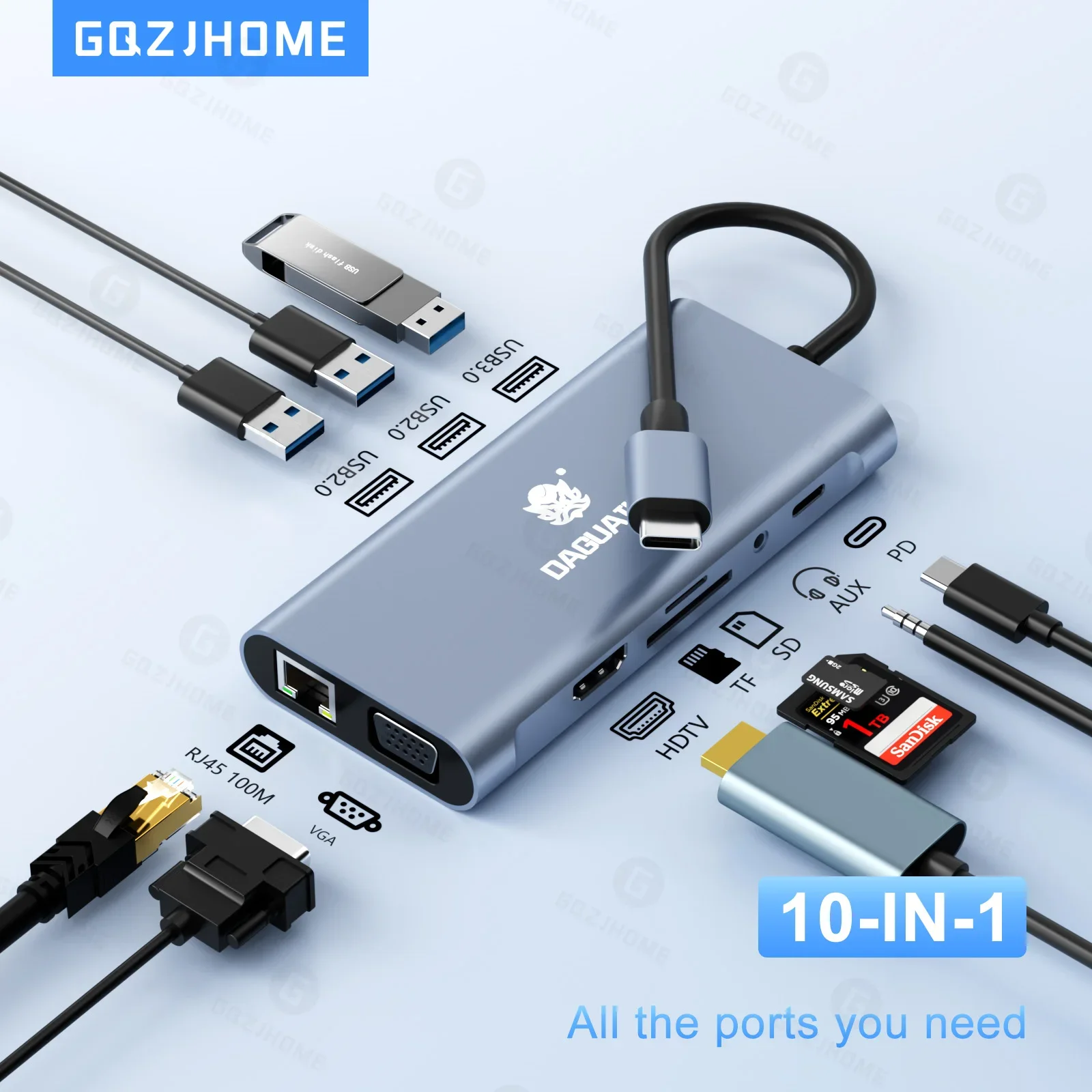 10-in-1 Ultra HD Type-C Hub Docking Station 4K 30Hz HDTV Compatible PD 87W Power Delivery, USB C Splitter for MacBook Pro Air