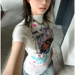 Minimalist 2024 Summer New Women's Half High Collar Printed Cartoon Letter Stylish Skinny High Street Short Sleeve T-shirt Tops