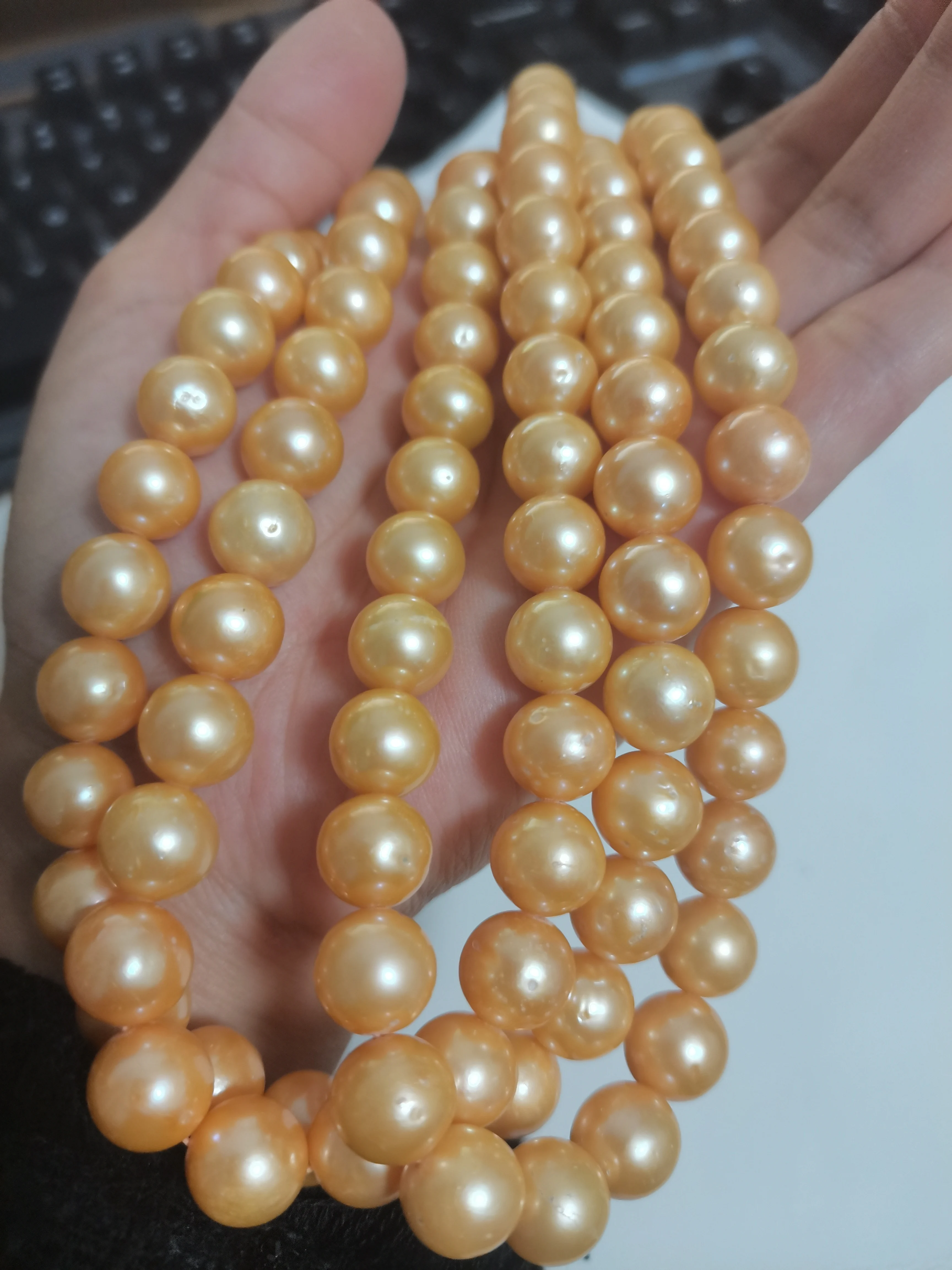 

18'' AAAA+ 11-12mm Real natural south sea golden pearl necklace 14k+BOX