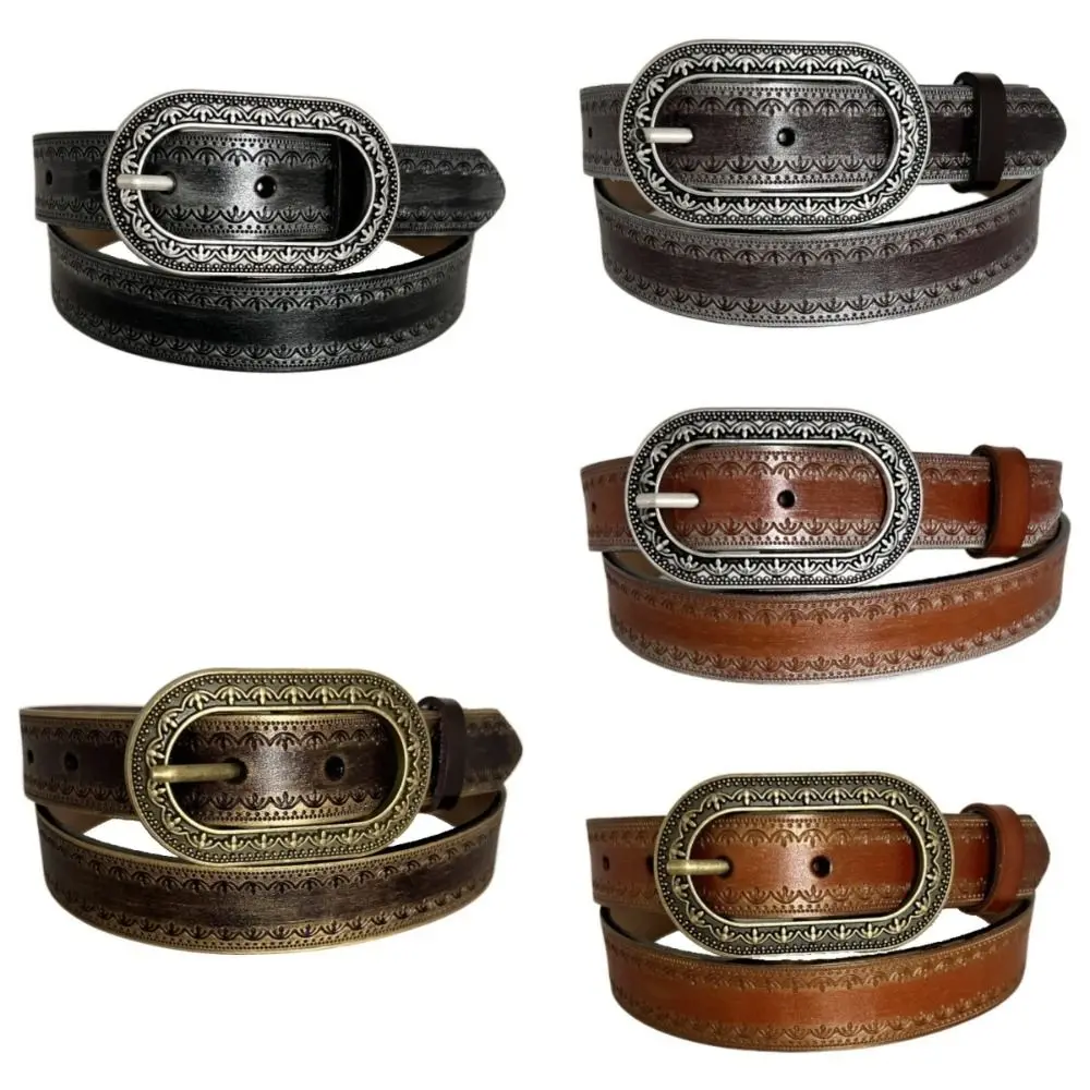 Cinturón Retro degradado para hombre, cinturón de cuero PU ajustable de 2,8 CM, hebilla de Metal tallada en relieve, pretina Vintage para pantalones vaqueros